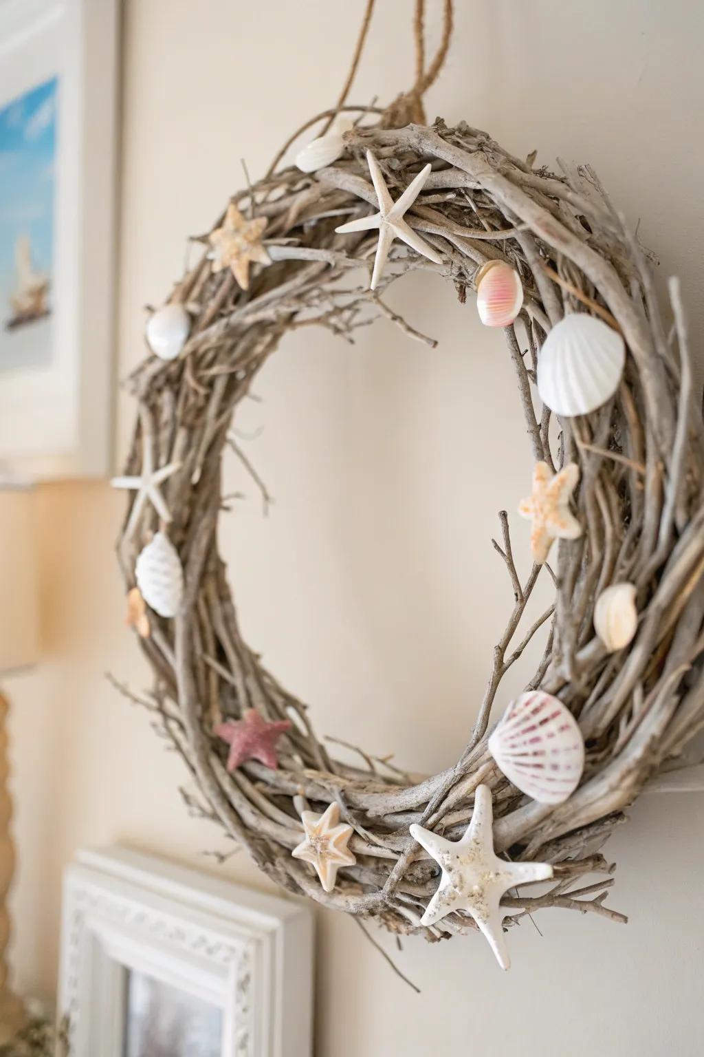 Celebrate a Coastal Yuletide with a seashell and driftwood garland, encapsulating the quintessence of summertime serenity during the celebratory period.