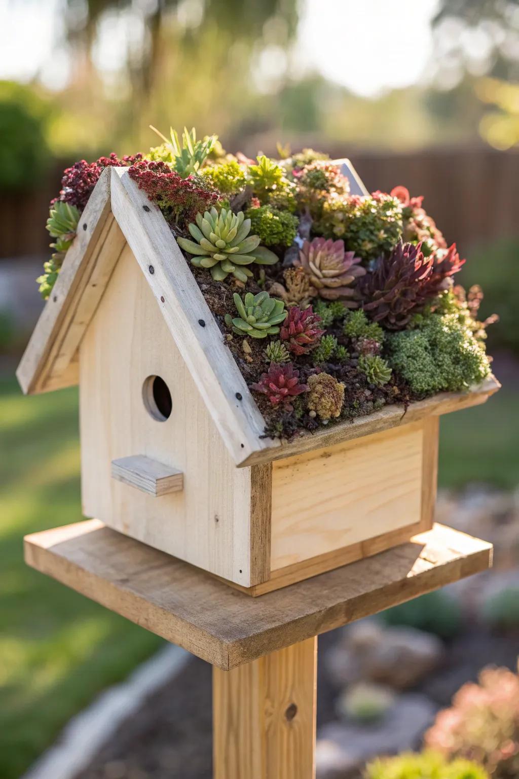 Carry nature's creativity to your garden through a fleshy plant-covered avian house, where simplicity finds verdant charm.
