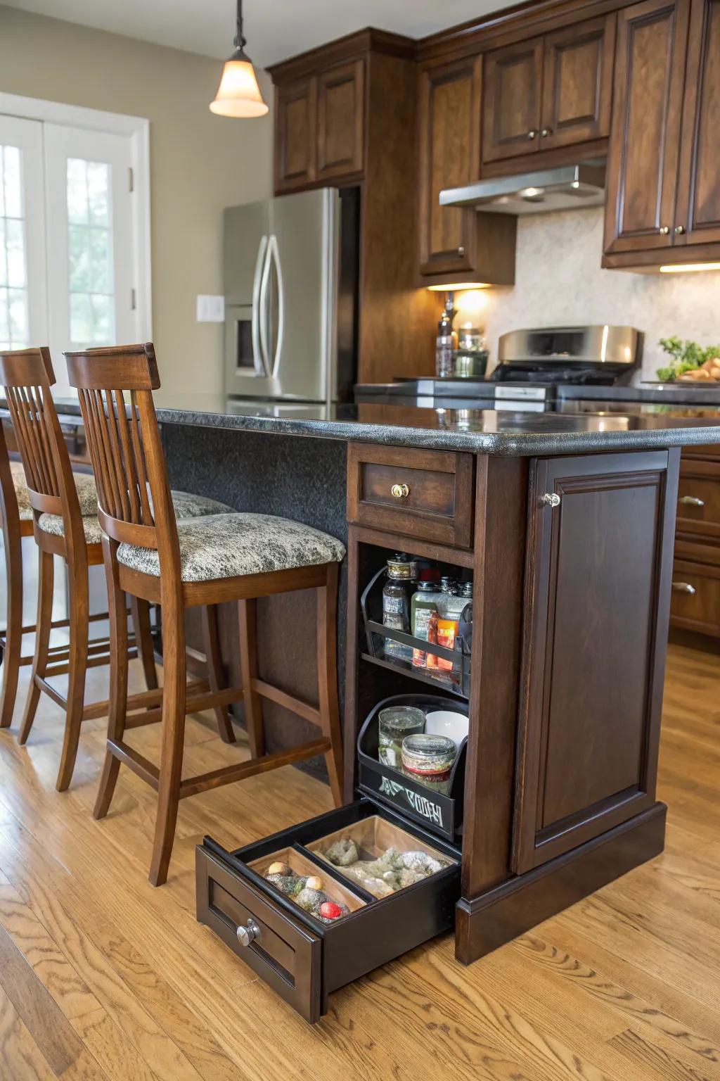 A cooking area island featuring concealed storage keeps canine cuisine out of view but readily reachable.