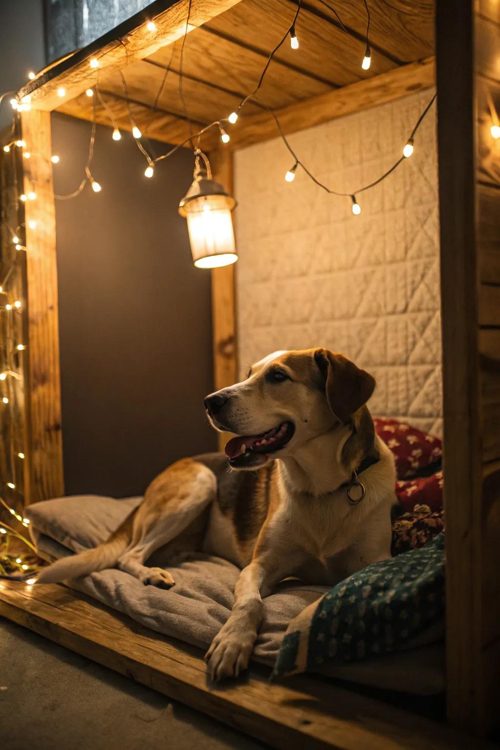 Environment illumination with twinkle lights turns a dog nook into a warm and inviting area.