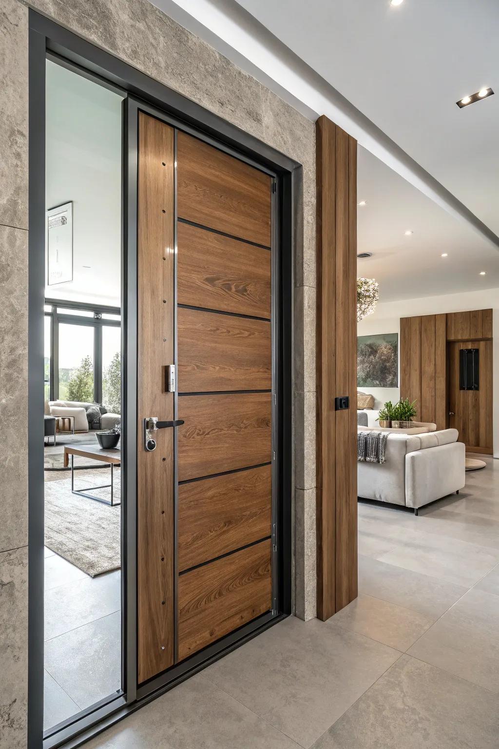 This modern, one-of-a-kind appearance is achieved by using mixed materials in door trim.