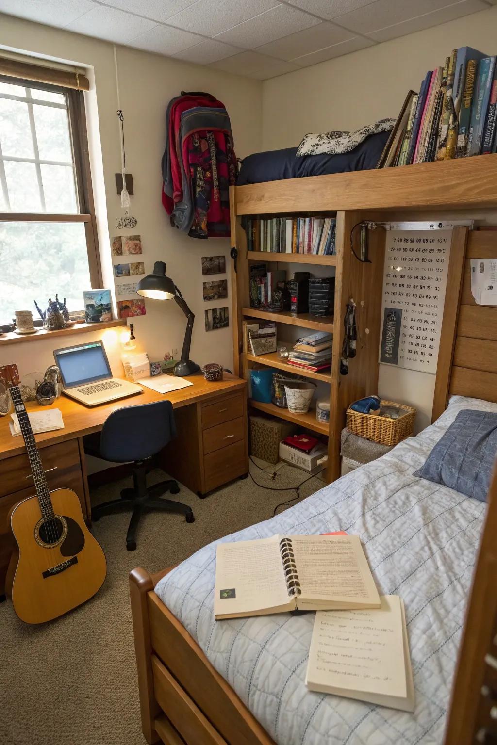 Personal items such as books and musical instruments exhibited in a dorm room, adding individuality.