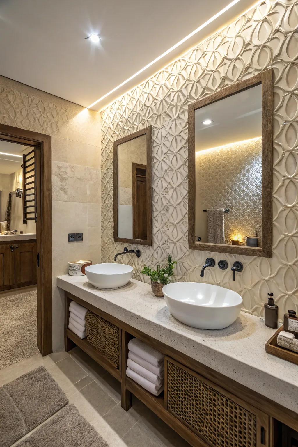 Textured walls enhance the depth and interest of this bathroom with double sinks.