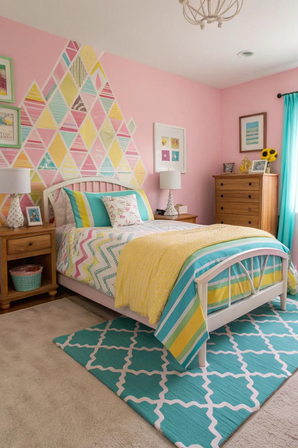 A bedroom featuring a vibrant color combination and coordinated decor.