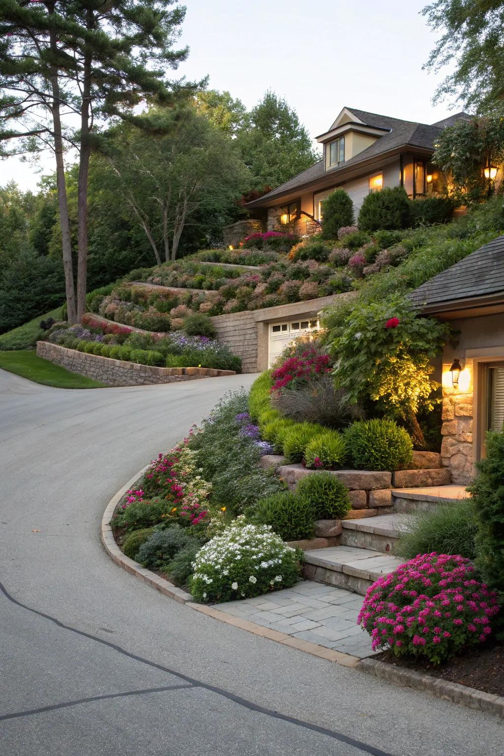 A tiered berm design enriches the driveway with added dimension.