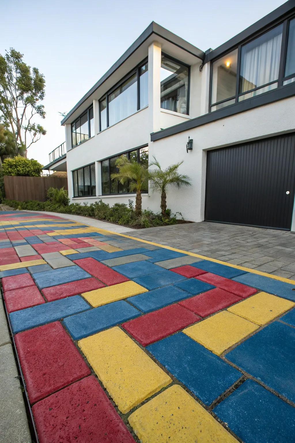 A driveway that distinguishes itself with vibrant, attention-grabbing block hues.