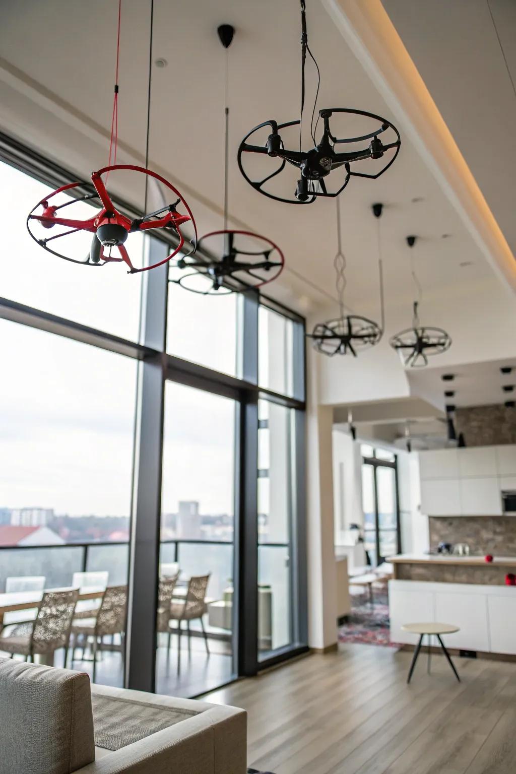 Overhead hooks provide a unique and space-efficient drone storage solution.