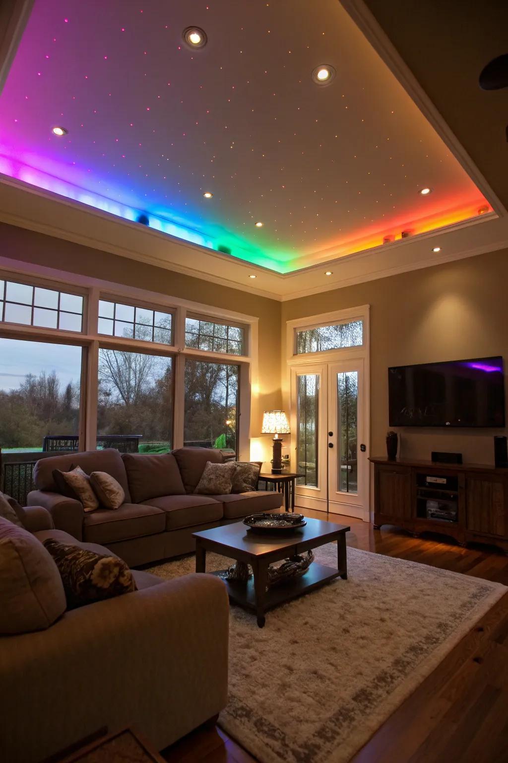 Shade-adjustable LEDs alter the mood of this family room.