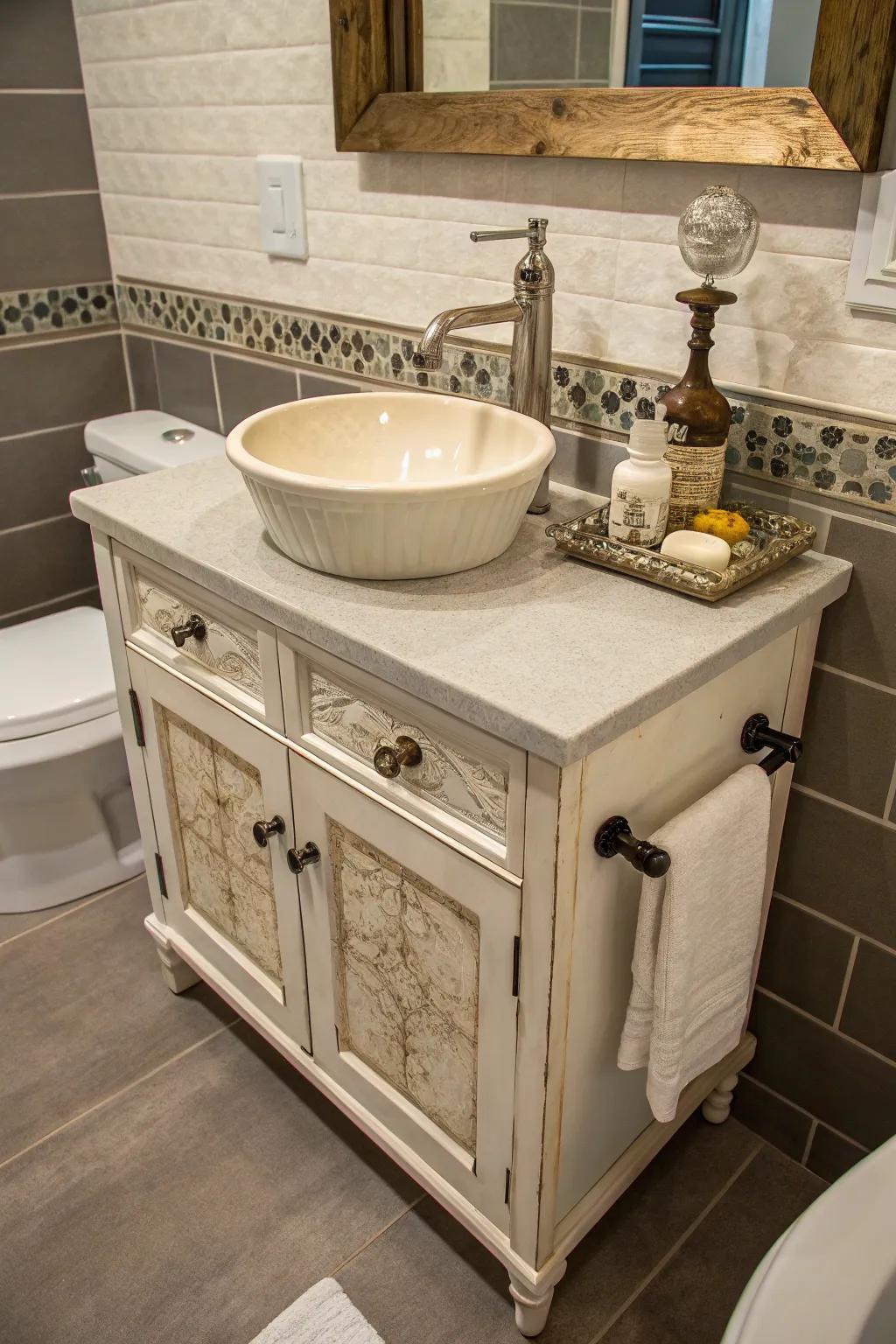 An antique cabinet sink repurposed into an original washstand.