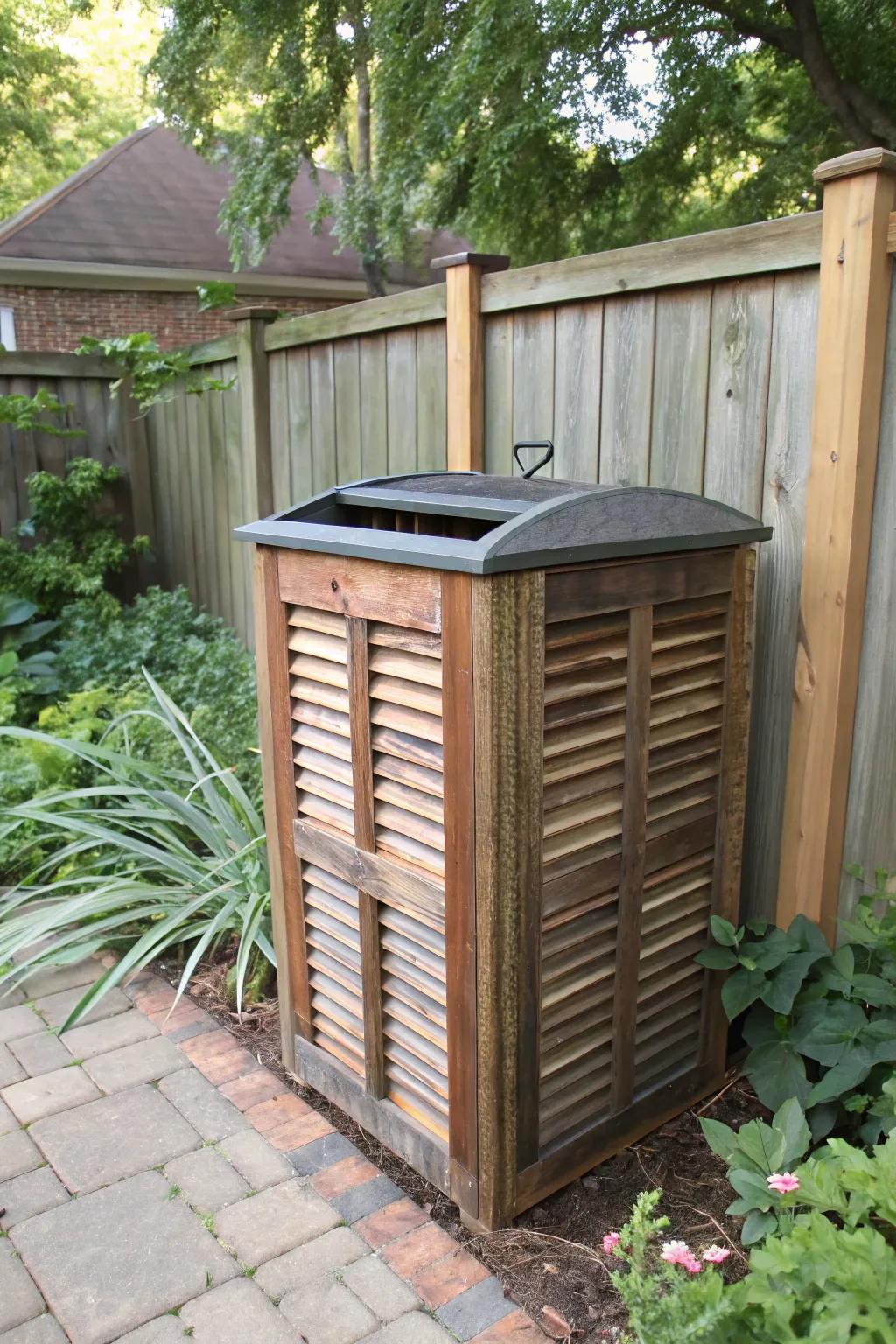 Recycled window panels provide a distinctive and eco-friendly bin enclosure.