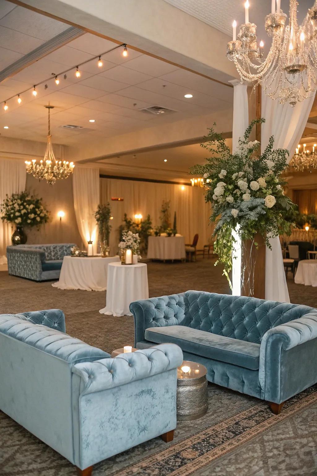 A plush relaxation space featuring soft teal velvet seating, inviting visitors to relax and enjoy the celebration.
