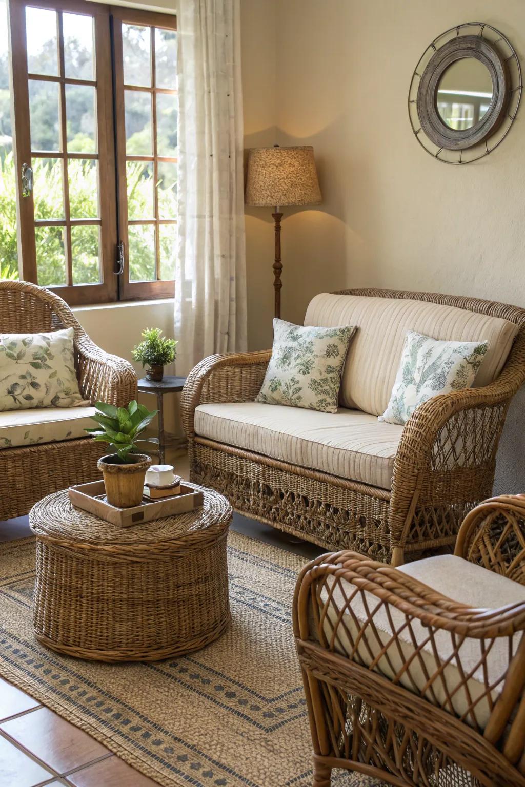 Area showcasing rattan and wicker furnishings for added texture.