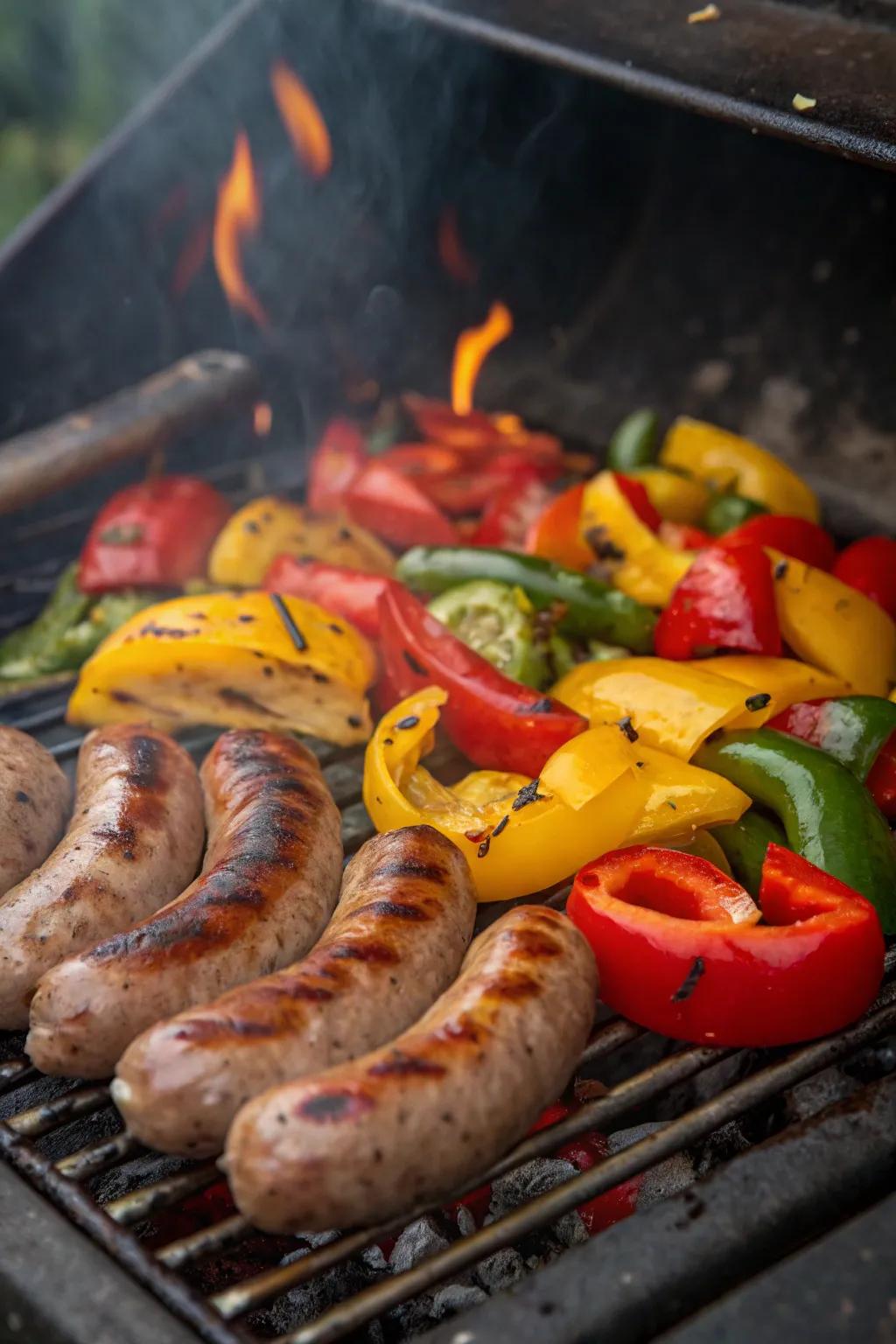 Hearty cooked sausages with colorful peppers.
