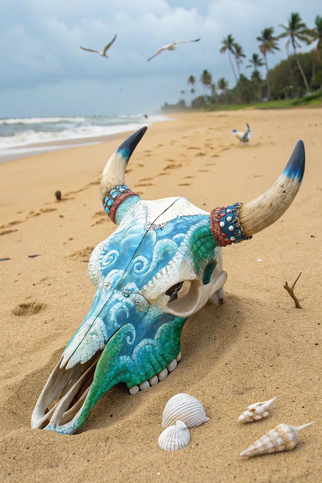 Oceanic themes transform skulls into peaceful coastal decor.