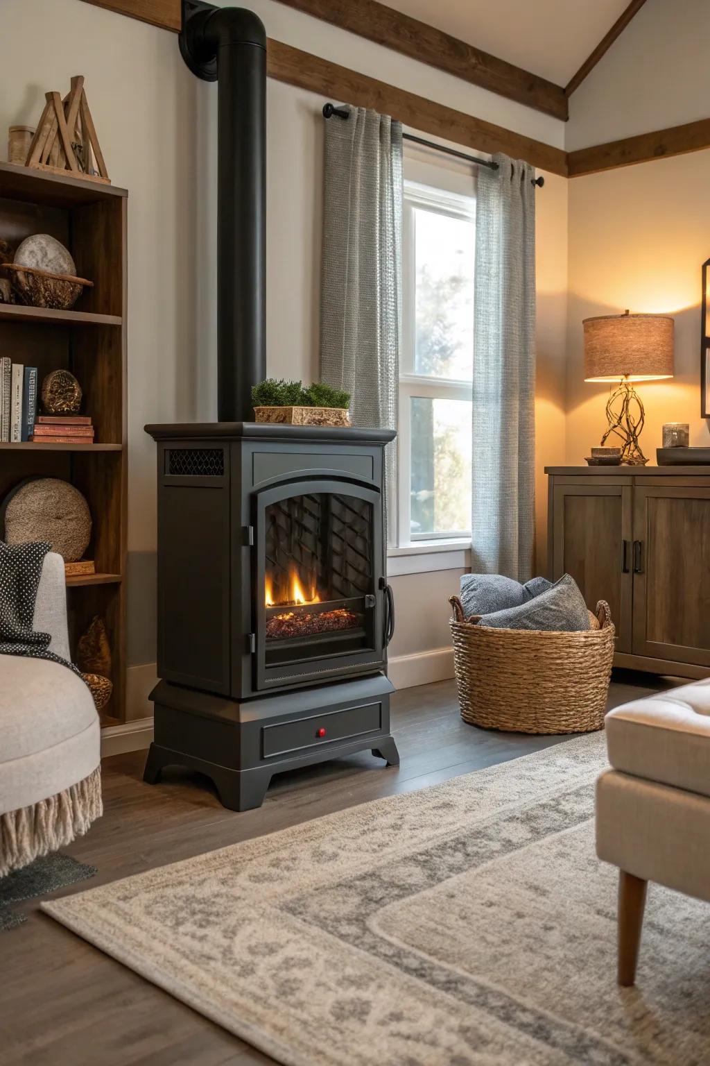 A freestanding electric heat center in a snug living space