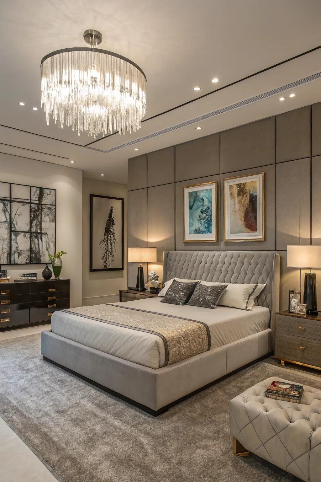 A contemporary opulent bedroom featuring carefully chosen decorative art pieces.