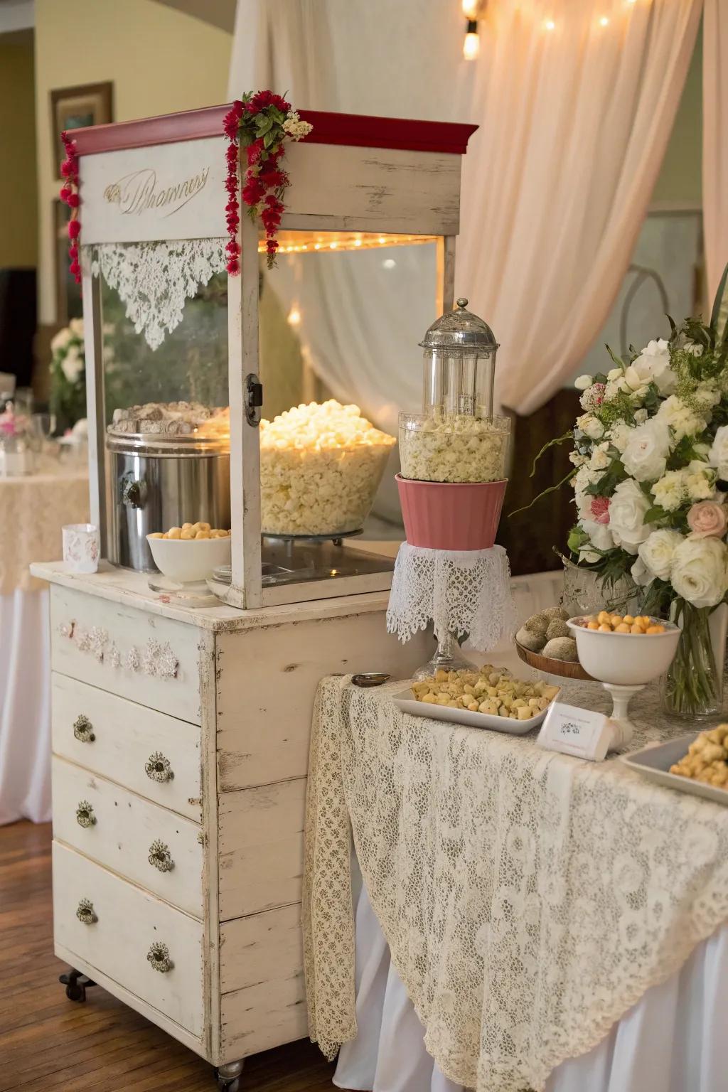 A classic dresser repurposed as a creative and sustainable popcorn station.