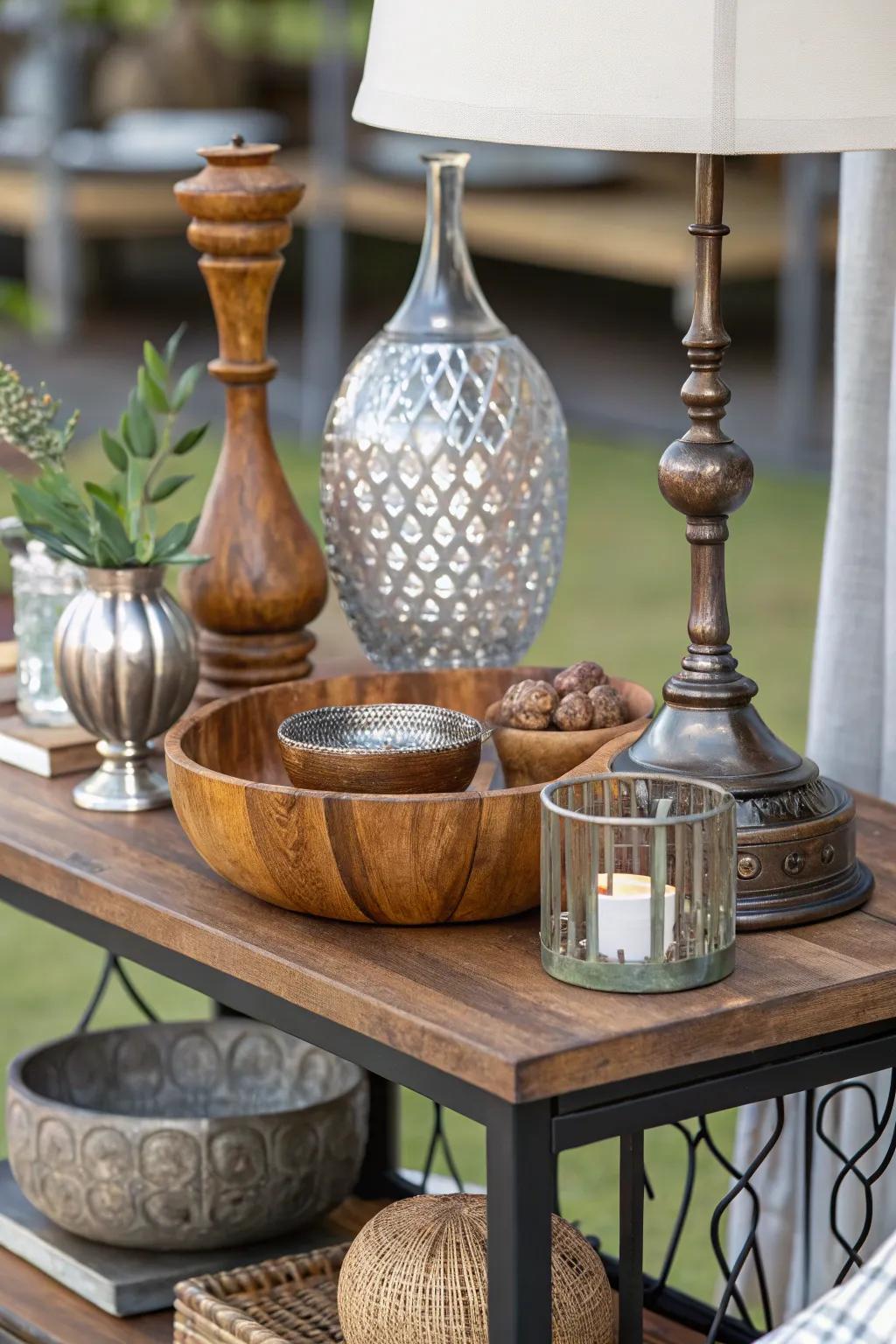 Combined materials creating texture on a side table.