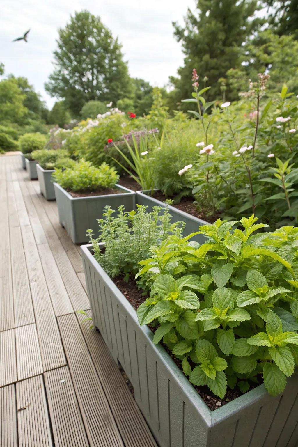 Spice-filled containers enhance the garden's fragrance and function.