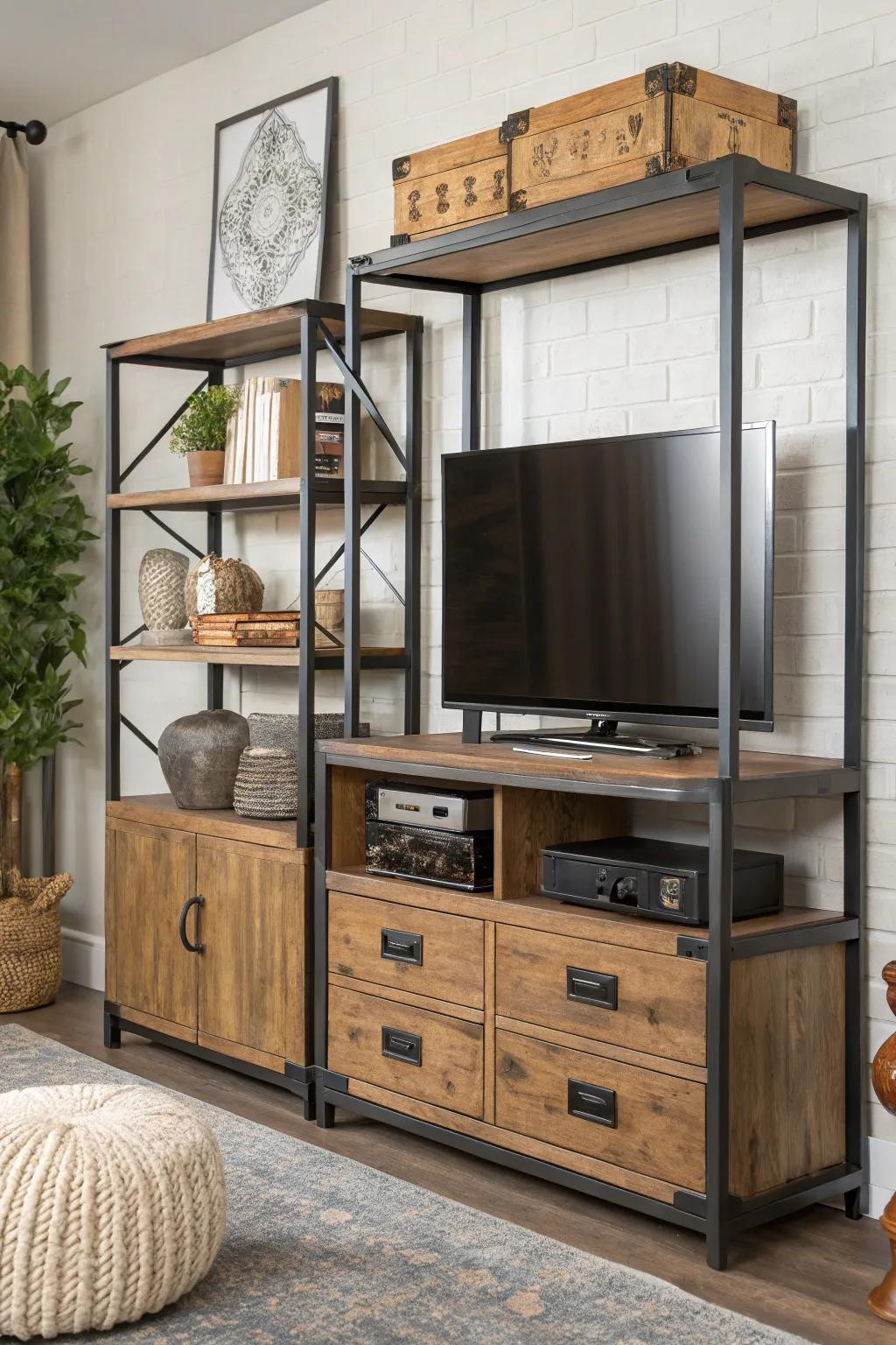 A spectrum of textures cultivates depth within this entertainment space decor.