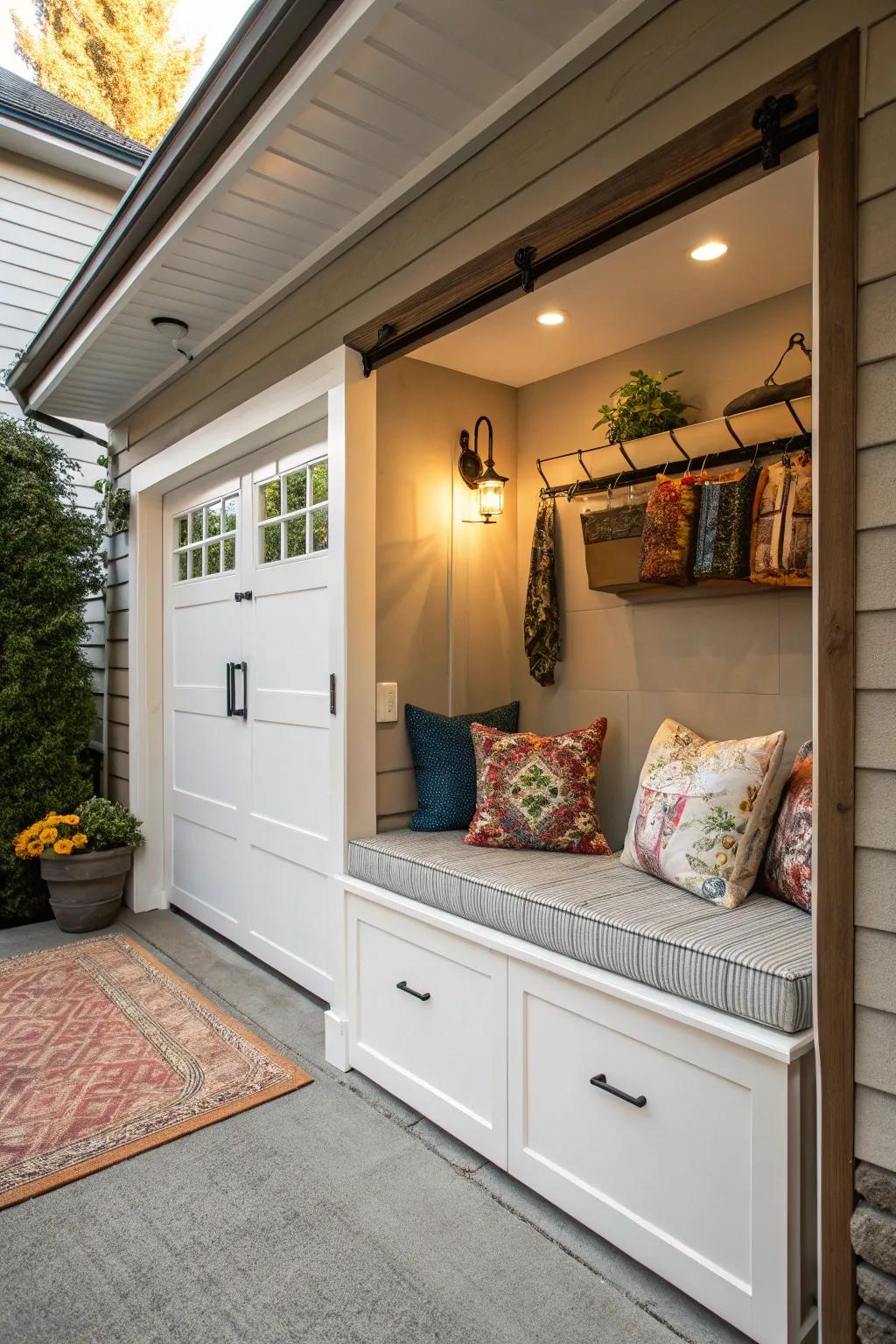A bench with storage offers comfort and organization.