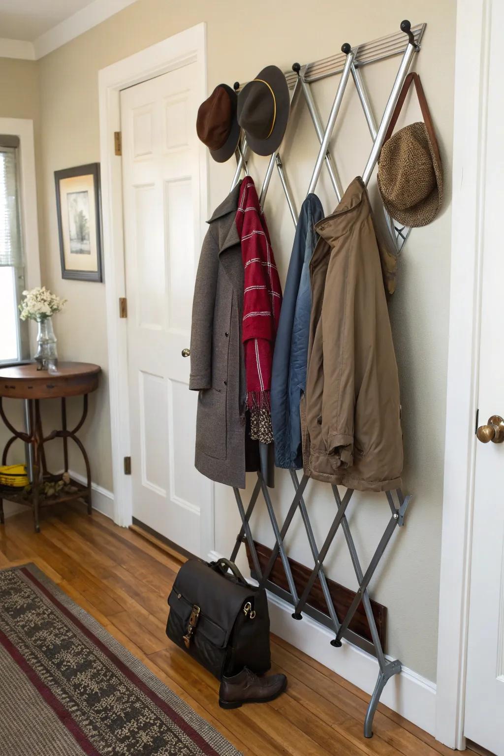 Hangers that stretch are useful and look good, changing to fit what you need.