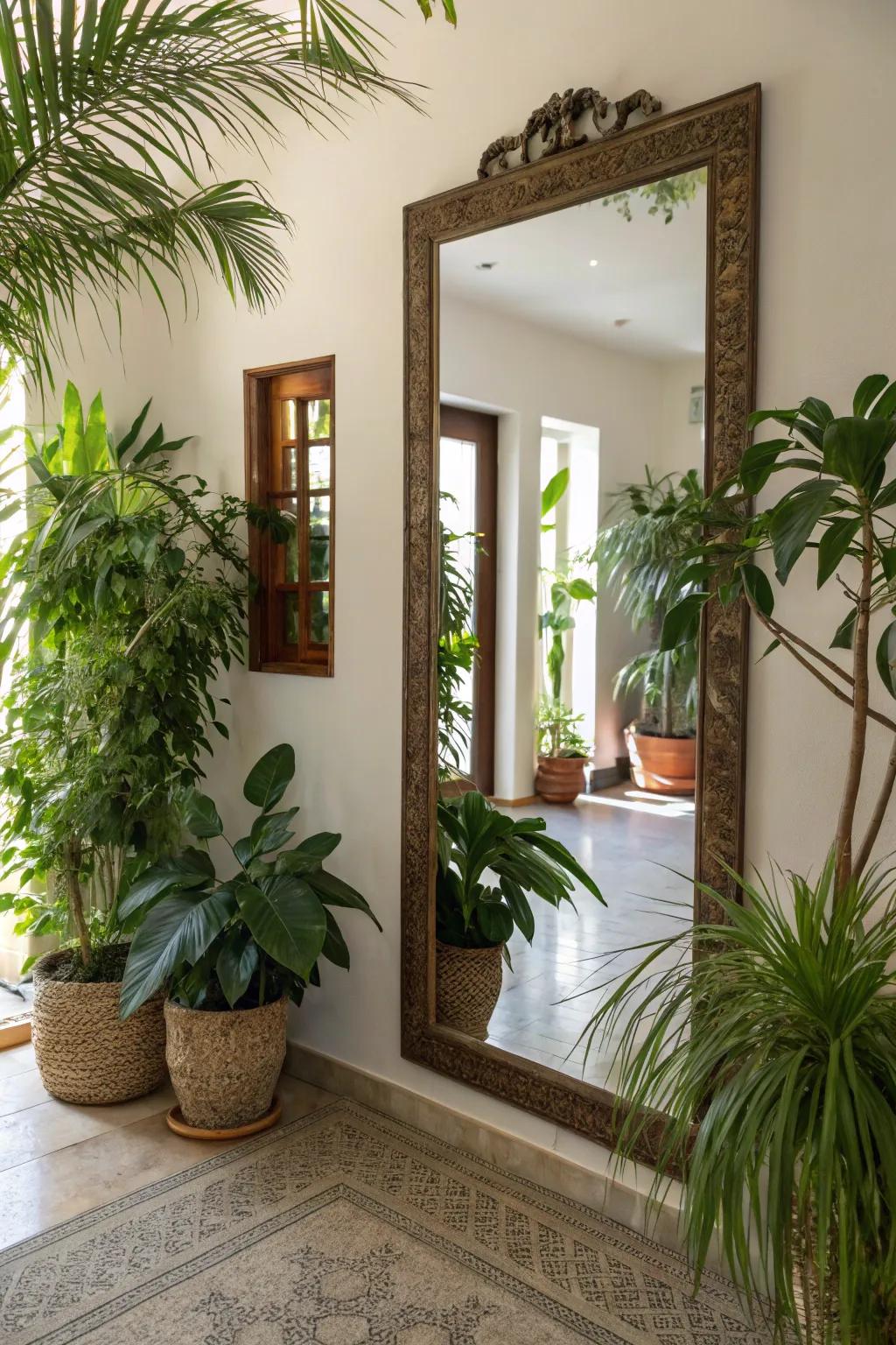 Invite the outdoors in by complementing your entryway mirror with vibrant greenery.