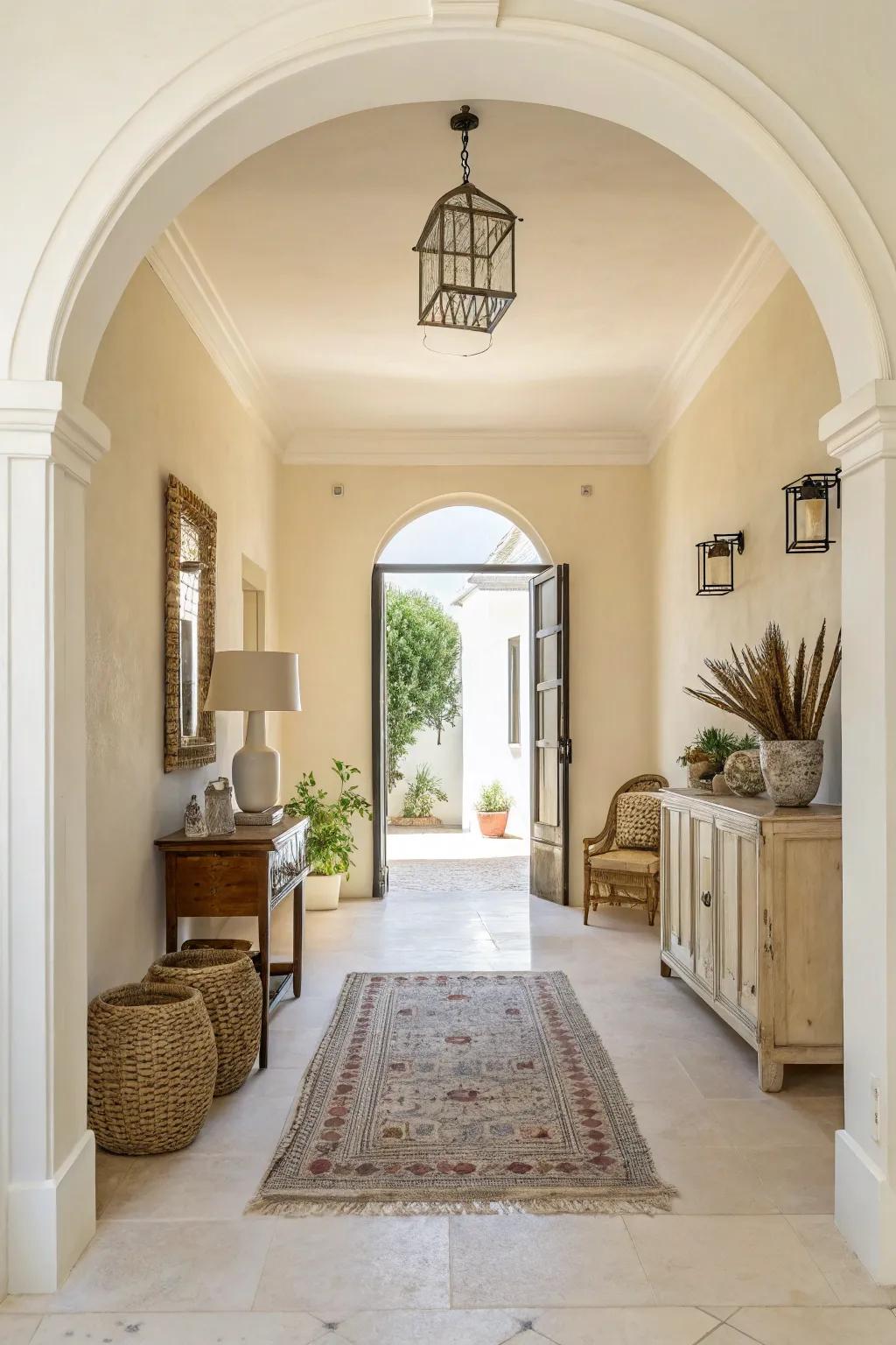 An entryway showcasing pale cream walls, fostering a vibrant and airy sensation.