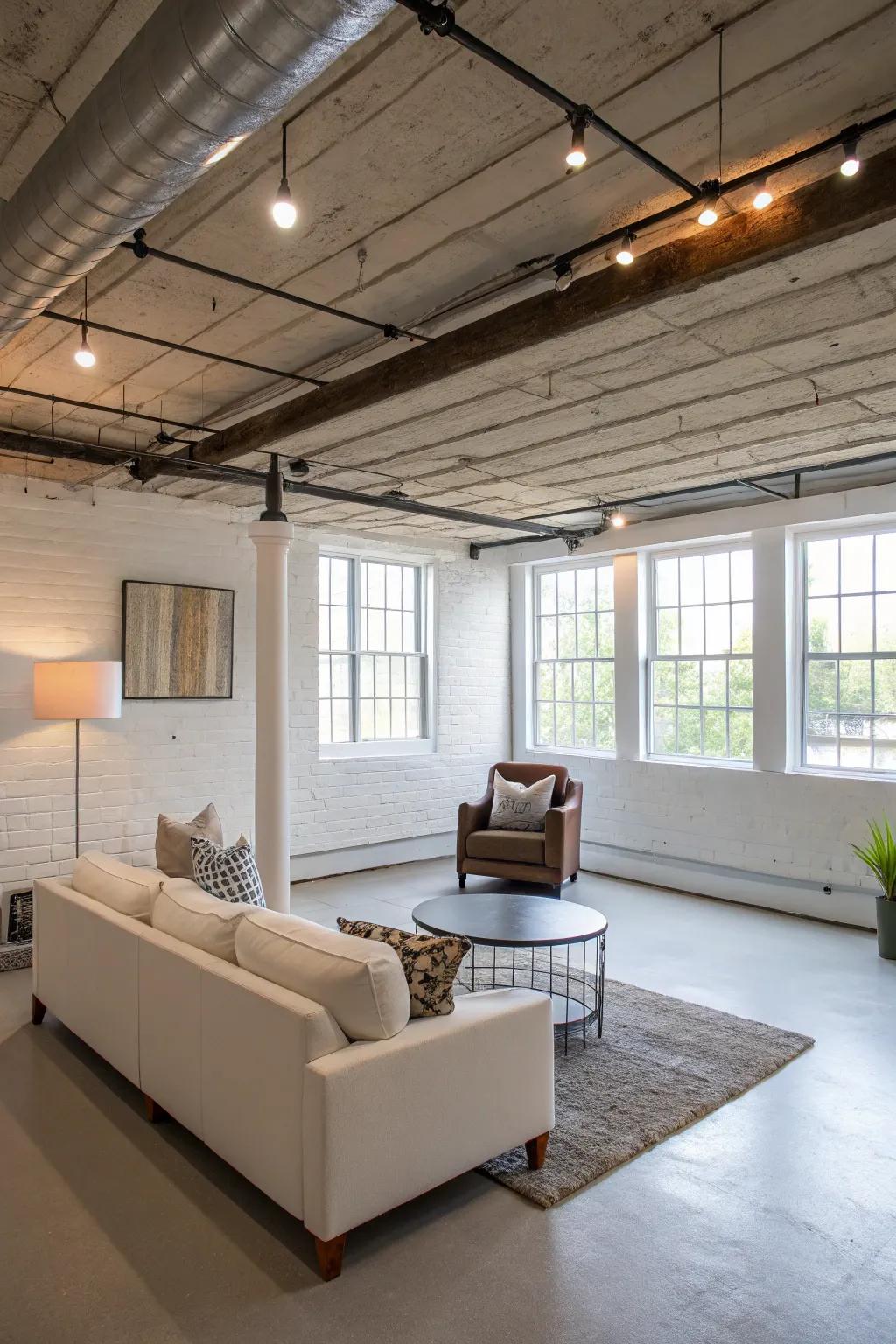 An open and spacious basement with minimal clutter.