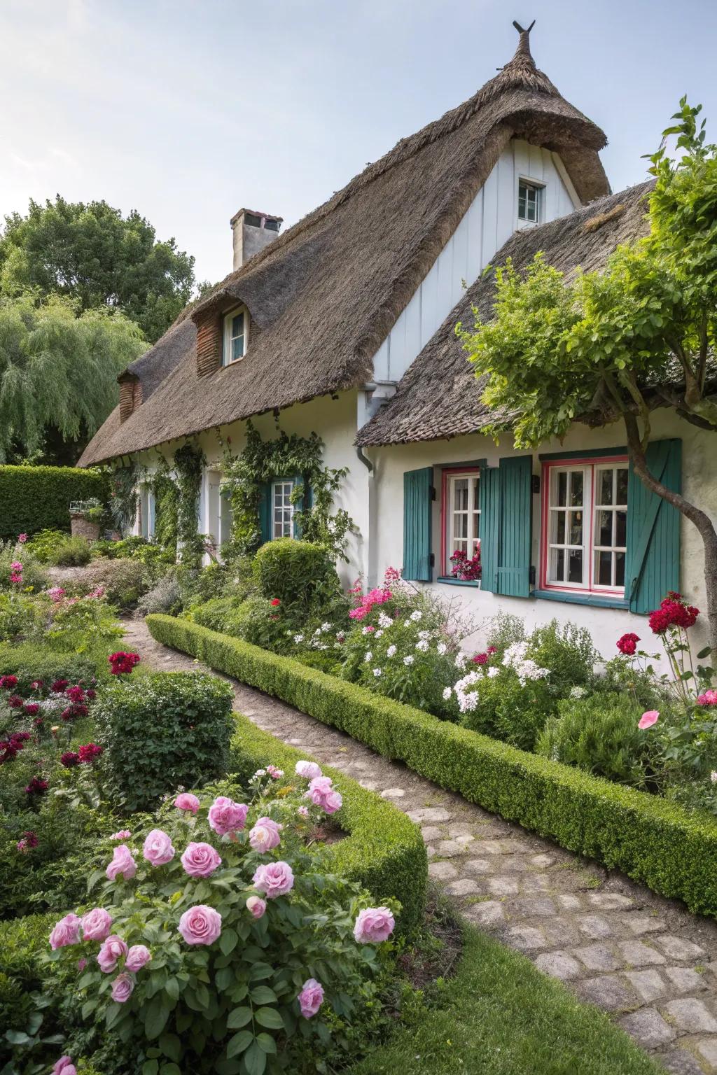 A charming cottage-style home showcasing quaint details and a lush garden.