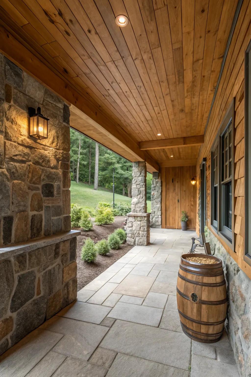 Wood and rock features add natural charm to an exit basement.