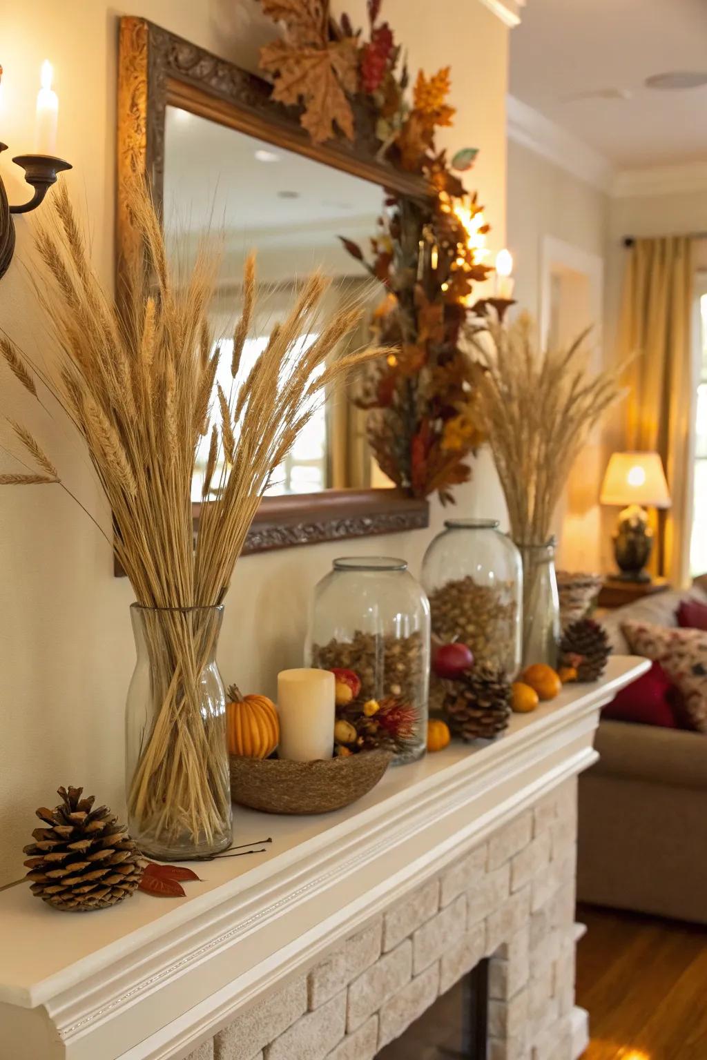 Wheat and reeds in vases add a natural touch to fall decor.