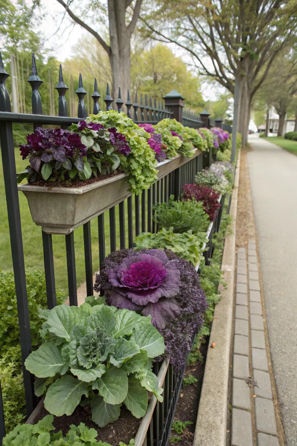 Seasonal flora in planters inject a trace of greenery into the fence.