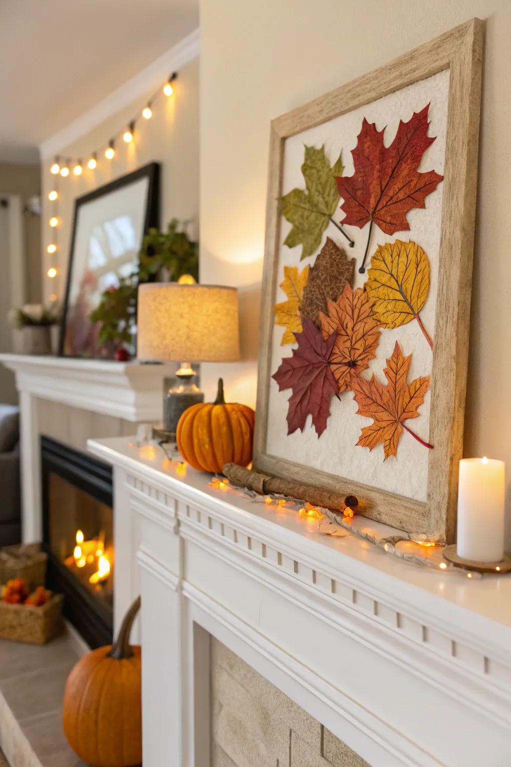An autumnal fireplace featuring a stunning seasonal artwork.
