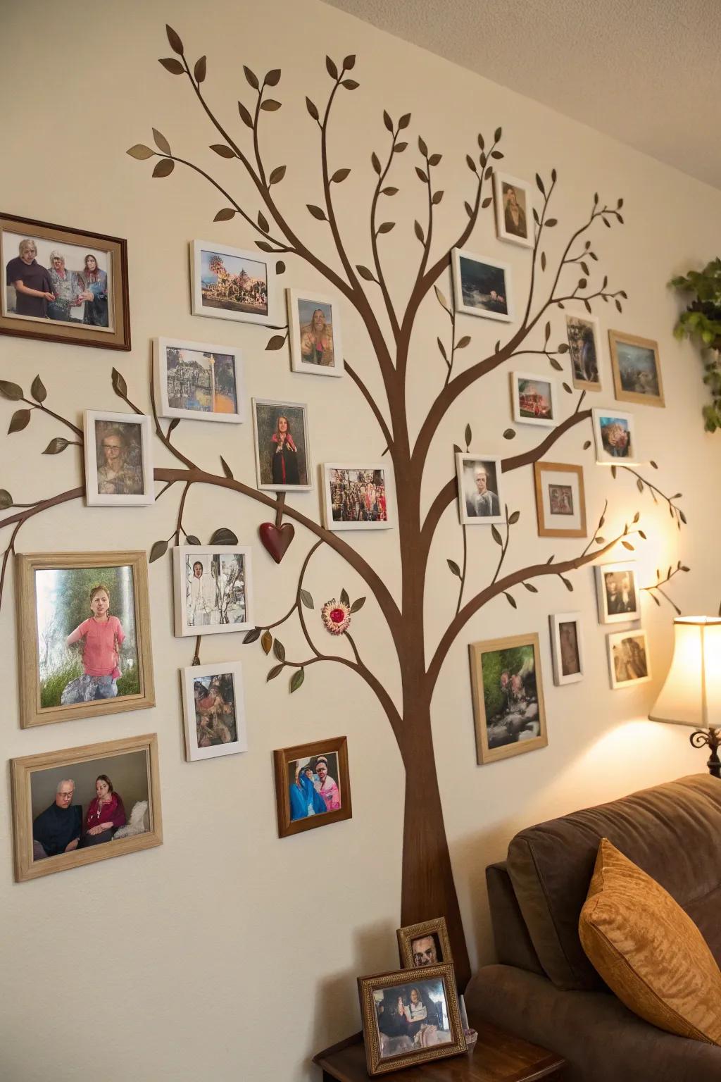 A family tree display using framed photos