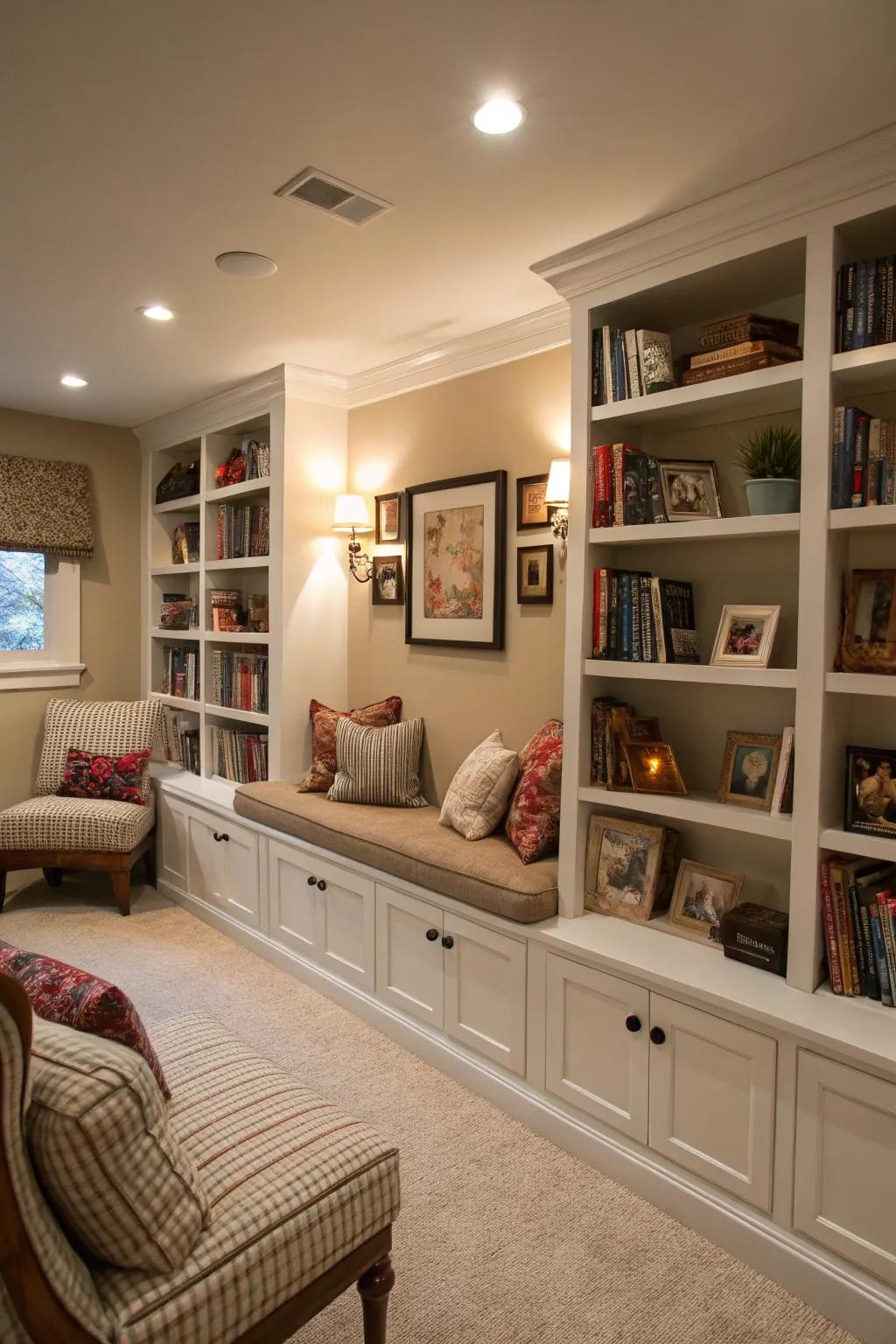 A family room featuring an attractive personal library nook.