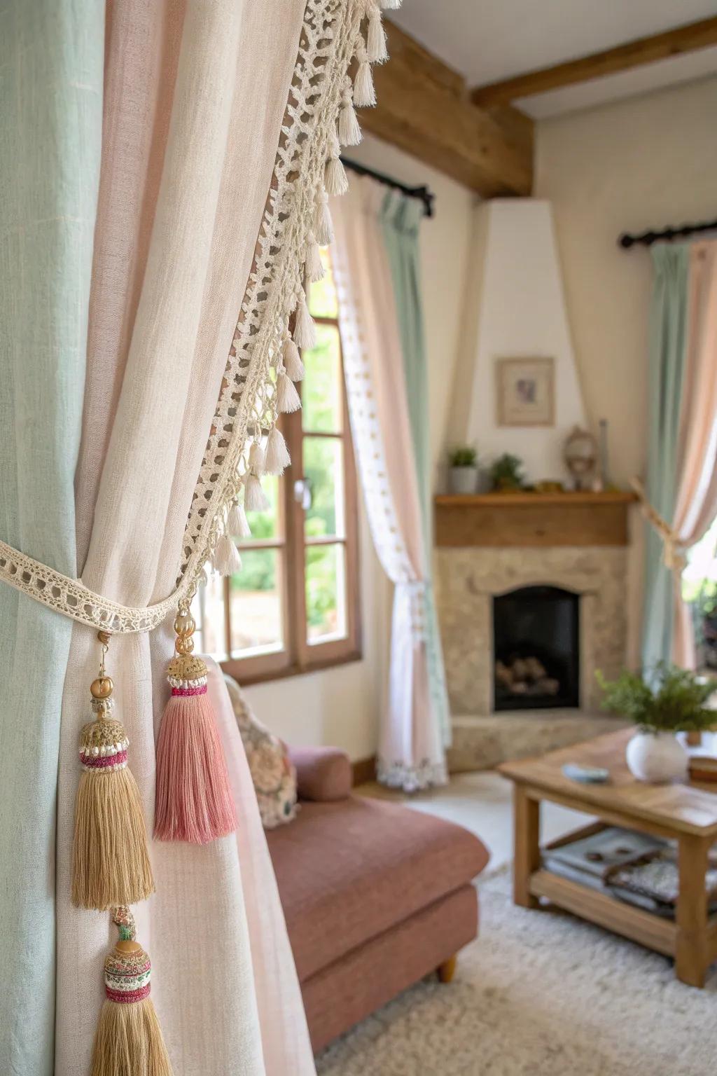 Countryside coverings embellished with ornamental tassels within a quaint sitting room.
