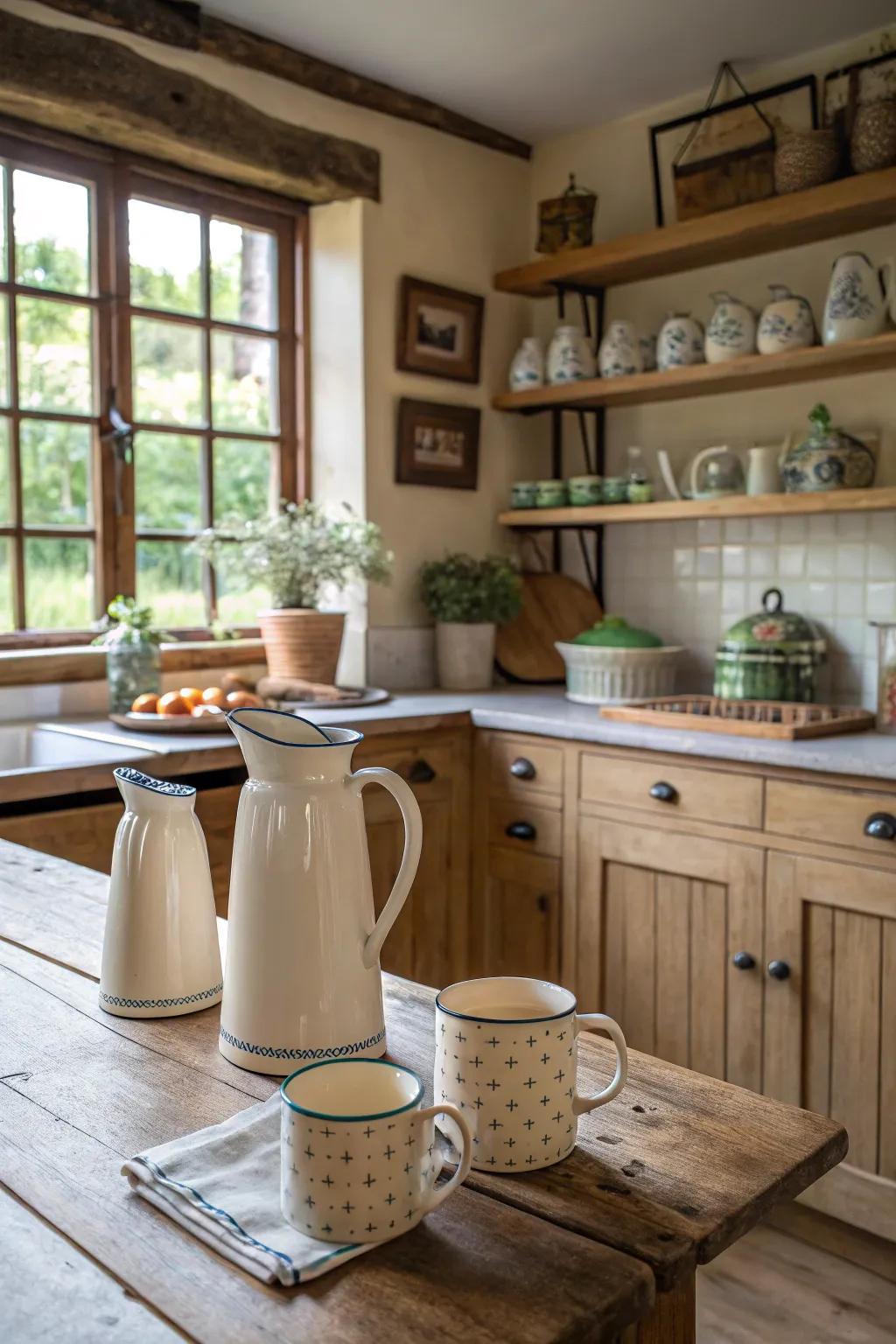 Useful décor pieces adding charm and practicality to a country-style cooking space.