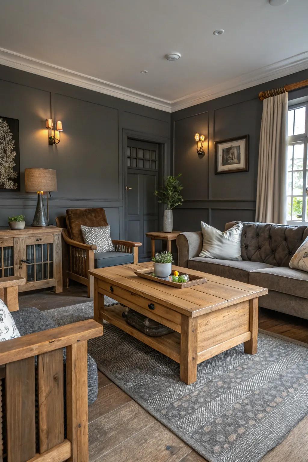 Walls painted in soot gray conjure a dramatic yet intimate atmosphere.