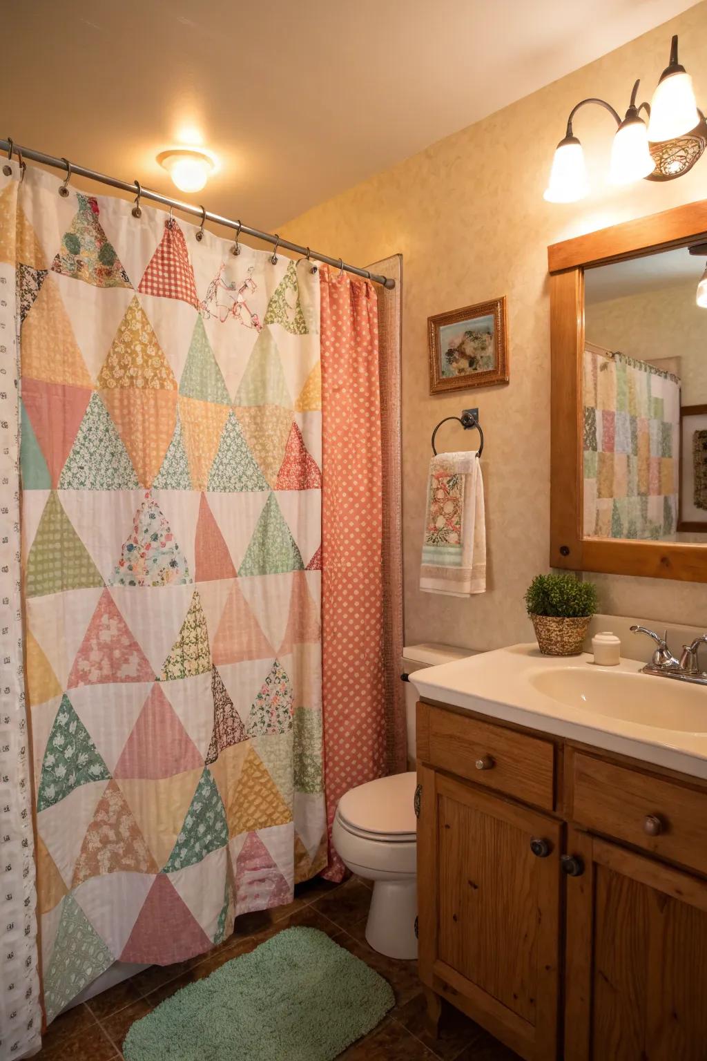 A cozy lavatory with a patchwork patterned shower drape exuding warmth.