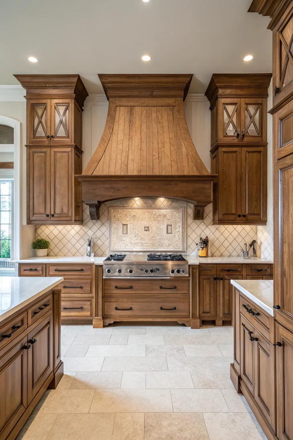 Symmetrical layout on a vent hood brings harmony to the kitchen.