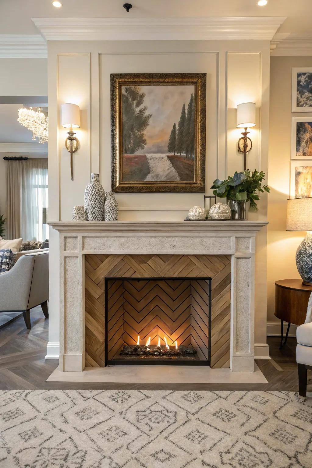 An artificial fireplace boasting a remarkable herringbone patterned firebox.