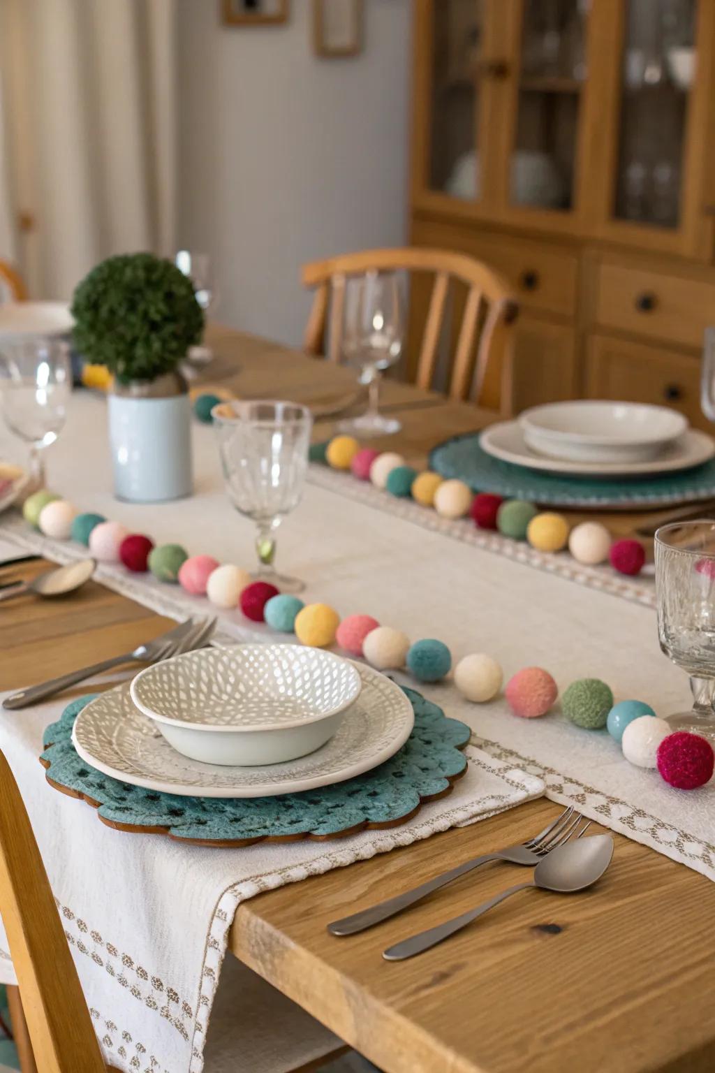 Felt garlands employed as table accents create an eye-catching centerpiece for dining experiences.