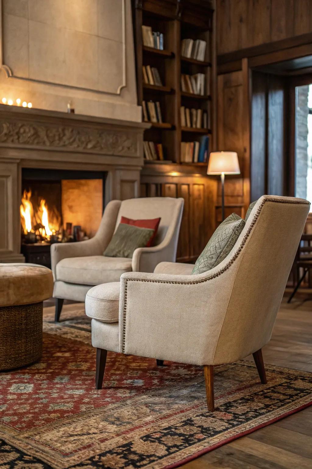 Deluxe seating and gentle textiles promote relaxation by the fire.