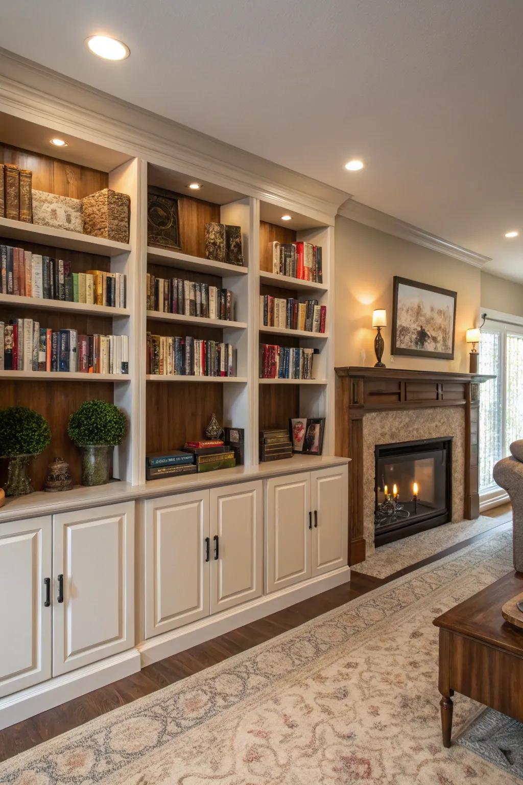 Practical stowing featuring enclosed lockers integrated into bookshelves.