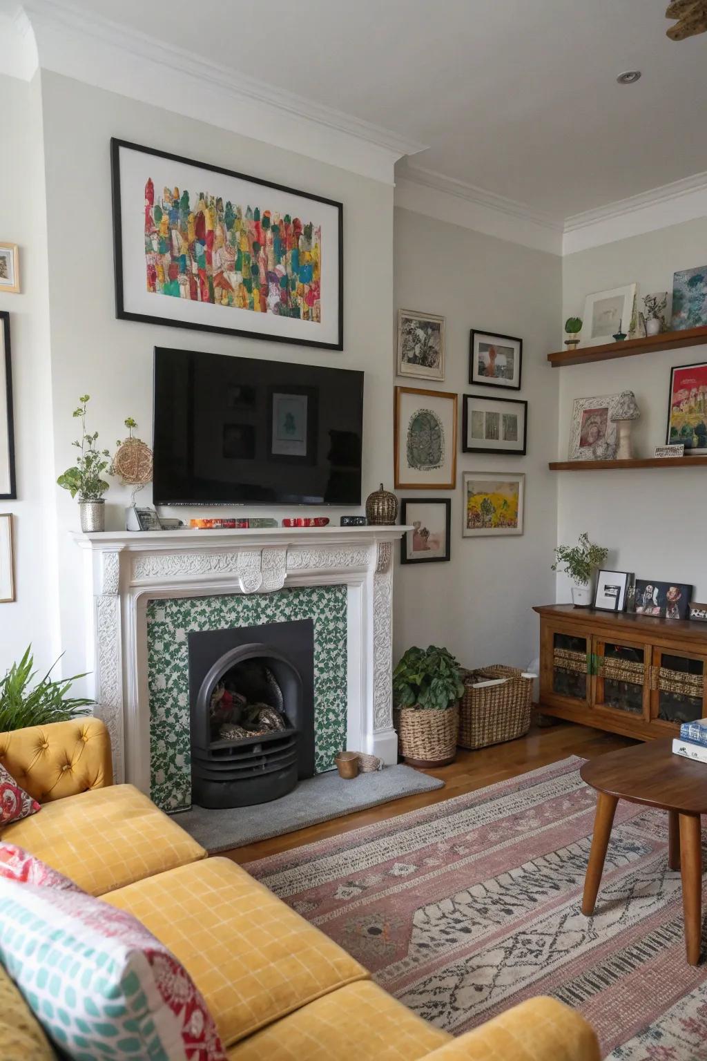 A quirky living area with personalized features and a TV over the fireplace.