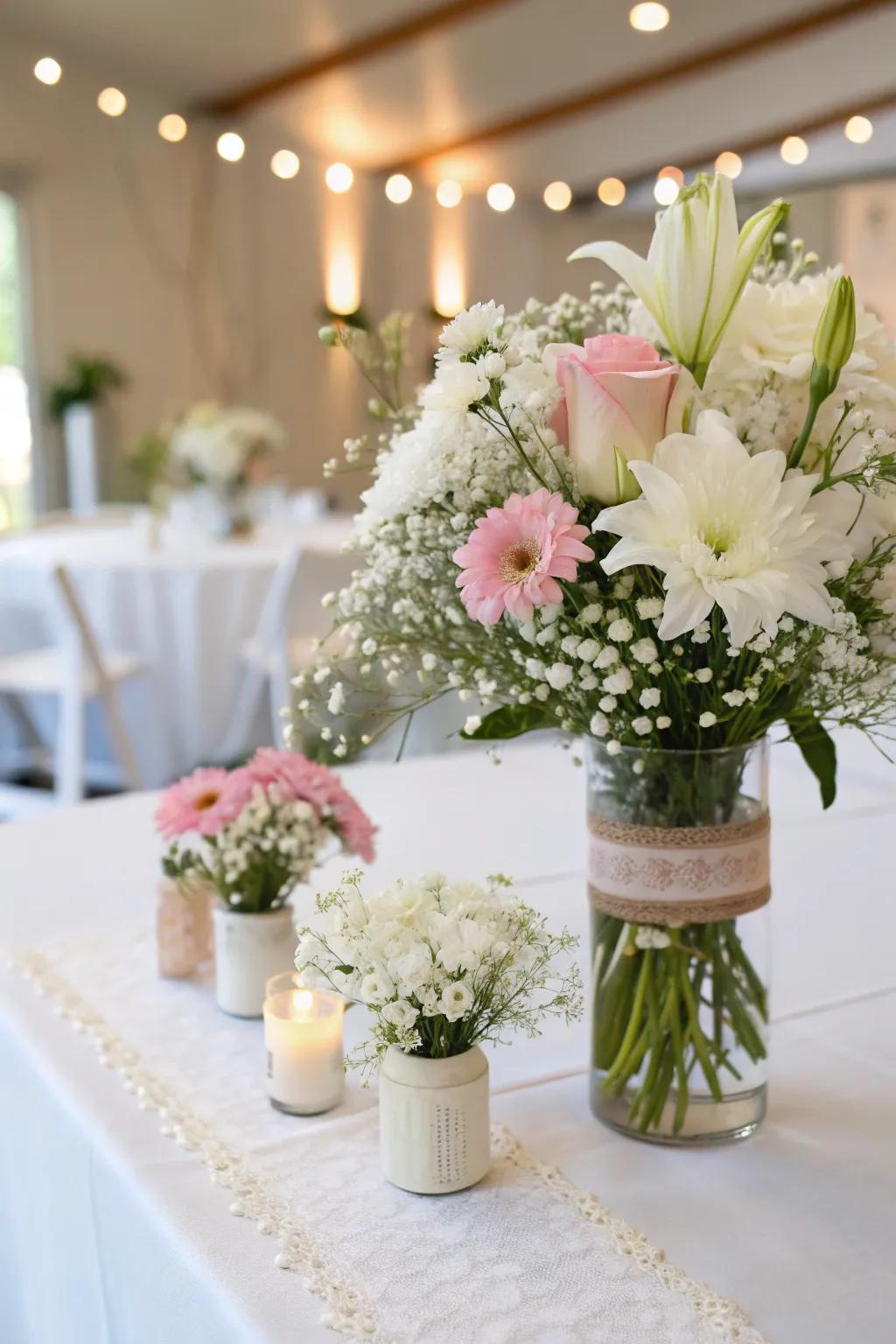 DIY botanical configurations append a personal and sophisticated note to the decorations.