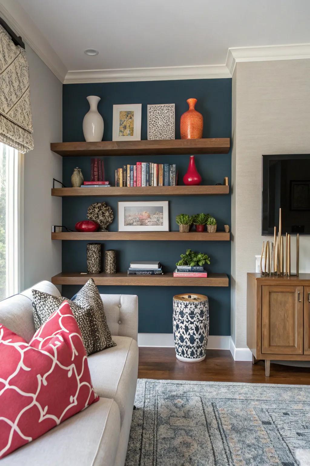 Make your shelves pop against a bold backdrop.