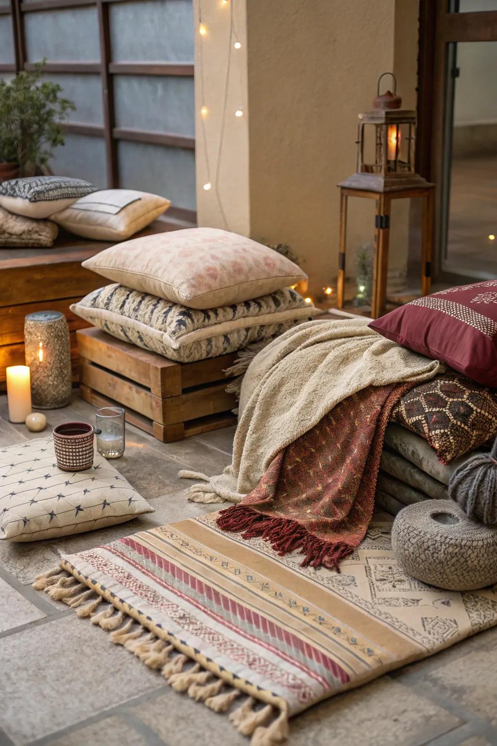 Layered textures add depth and warmth to your sitting area.