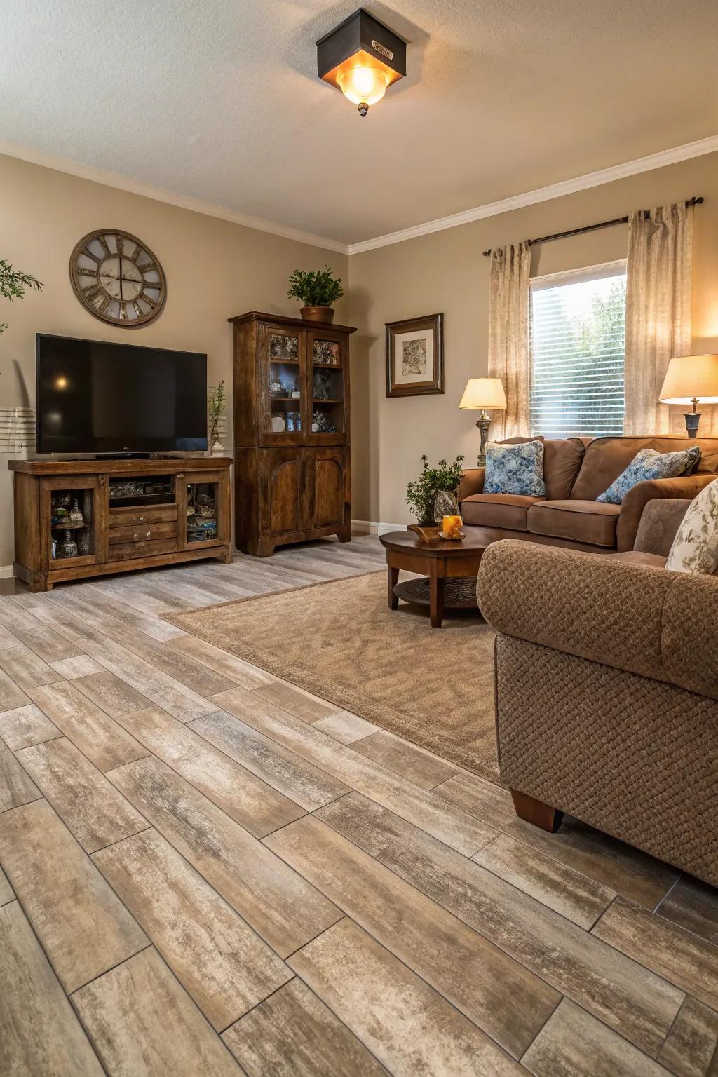 Wood-style panels deliver warmth and simplicity of upkeep.